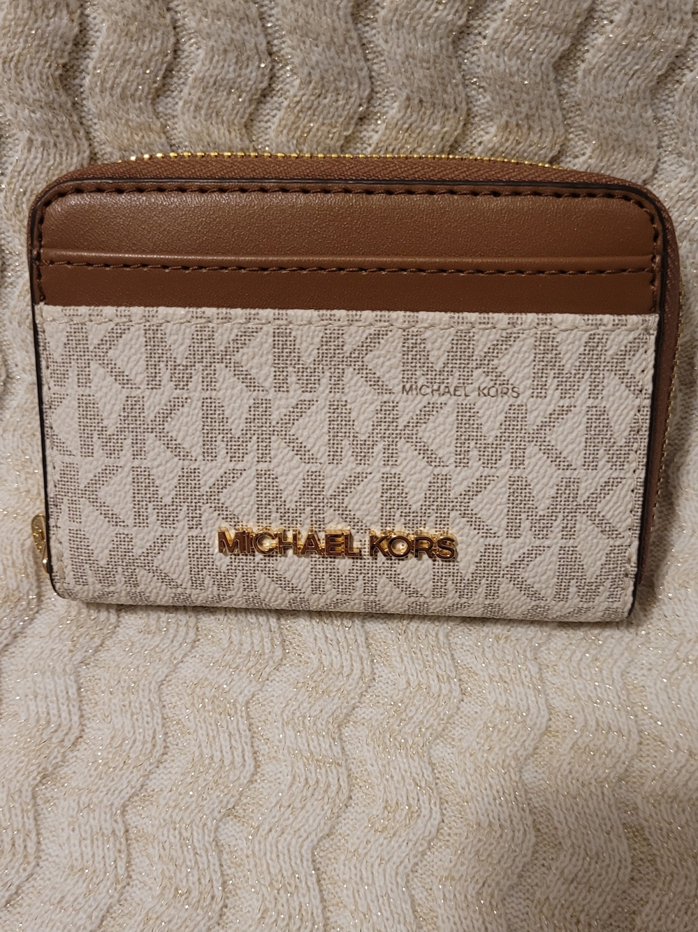 Michael Kors Cream and Brown Signature Zip Wallet